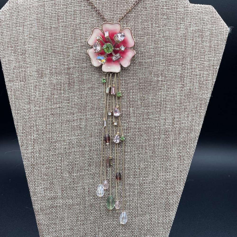 Vintage Betsey Johnson Rare Statement Flower Gem Tassel Charm Necklace